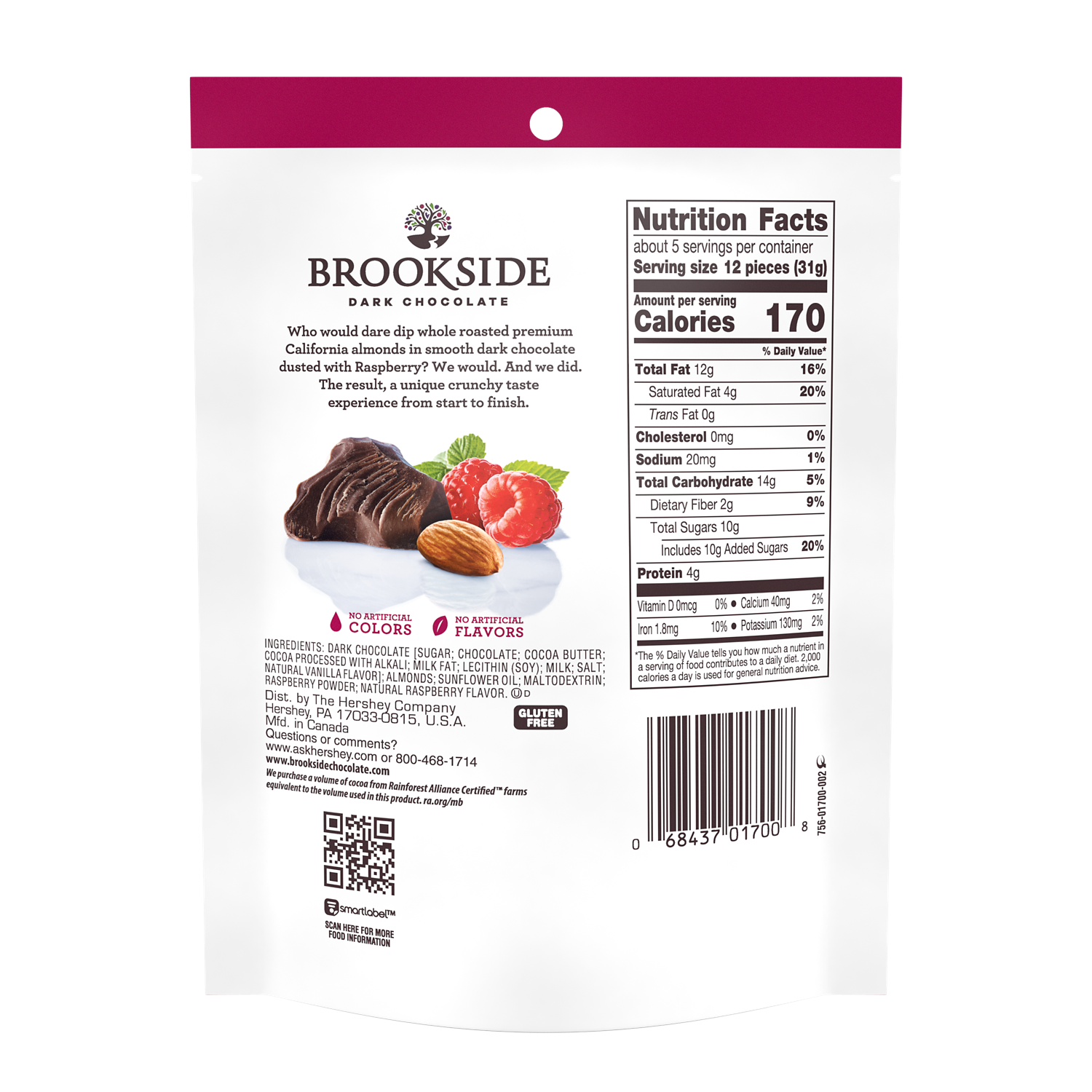 BROOKSIDE Dark Chocolate Whole Almonds Dusted with Raspberry Candy, 5.5 oz bag - Back of Package
