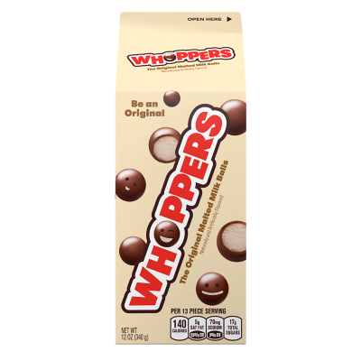 WHOPPERS Milk Chocolate Malted Milk Balls, 12 oz carton-Front of the Package