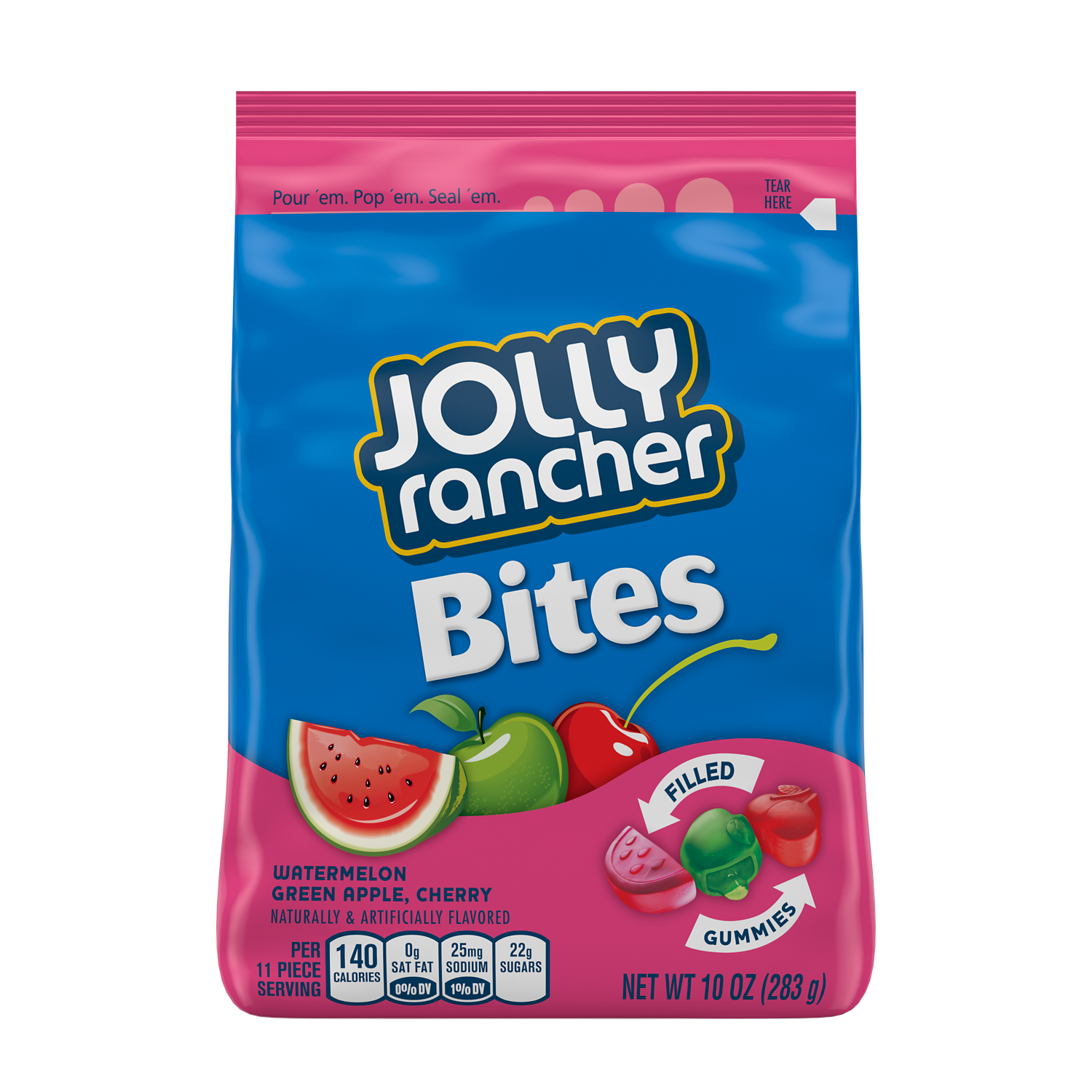 JOLLY RANCHER Bites Watermelon, Green Apple and Cherry Filled Gummies, 10 oz bag - Front of Package