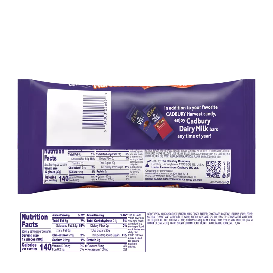 CADBURY Harvest Mix Solid Milk Chocolate Candy, 10 oz bag - Back of Package