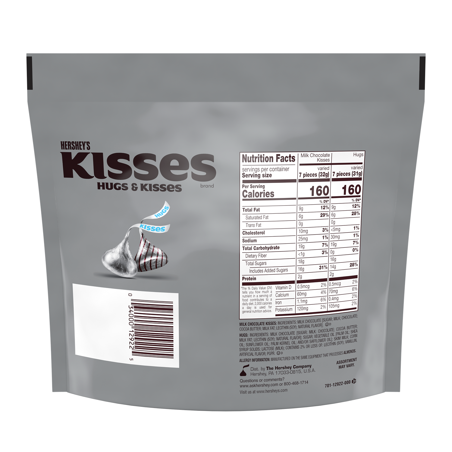 HERSHEY'S HUGS & KISSES Milk Chocolate Assortment, 15.6 oz pack - Back of Package