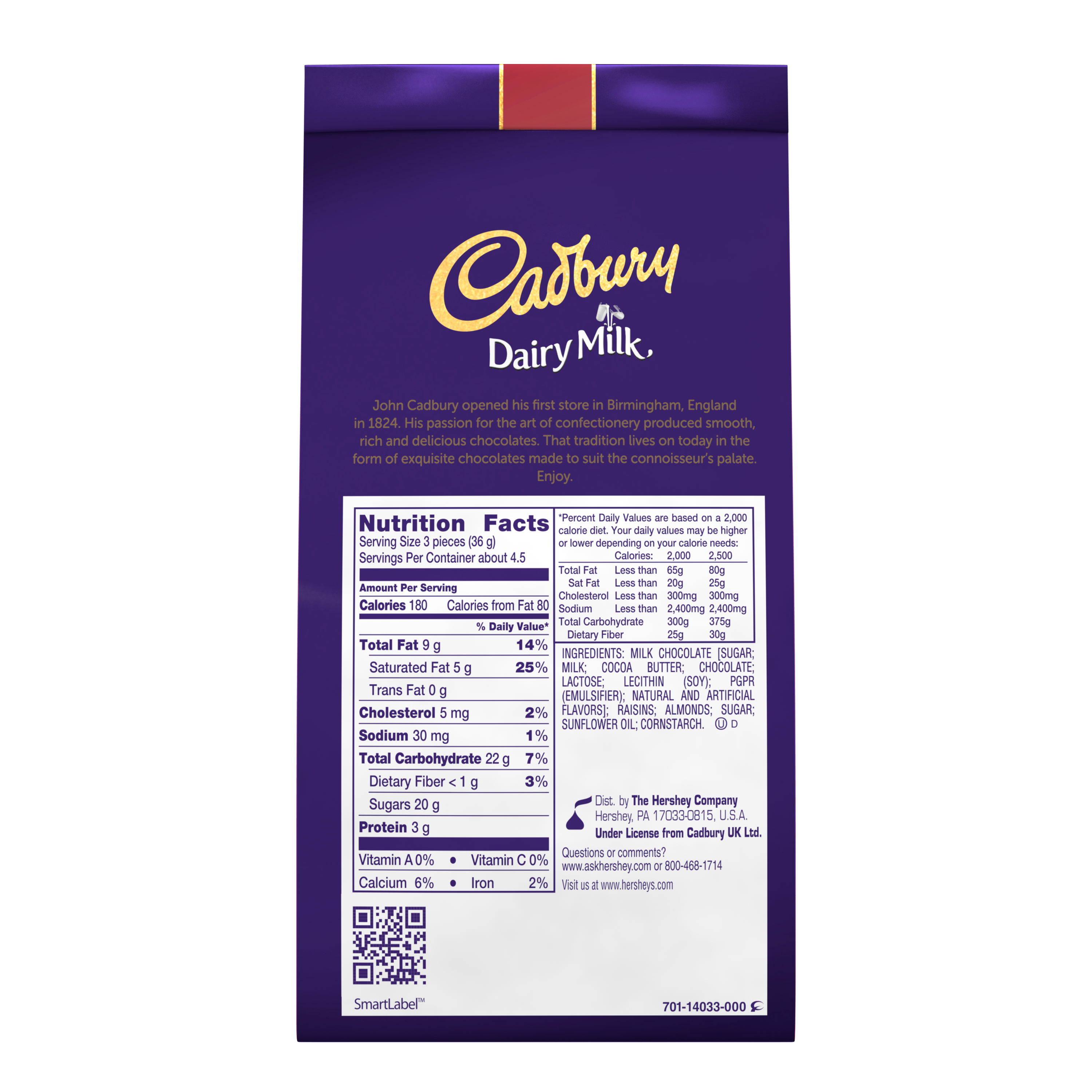 CADBURY DAIRY MILK Fruit & Nut Candy Bar, 5.4 oz - Back of Package