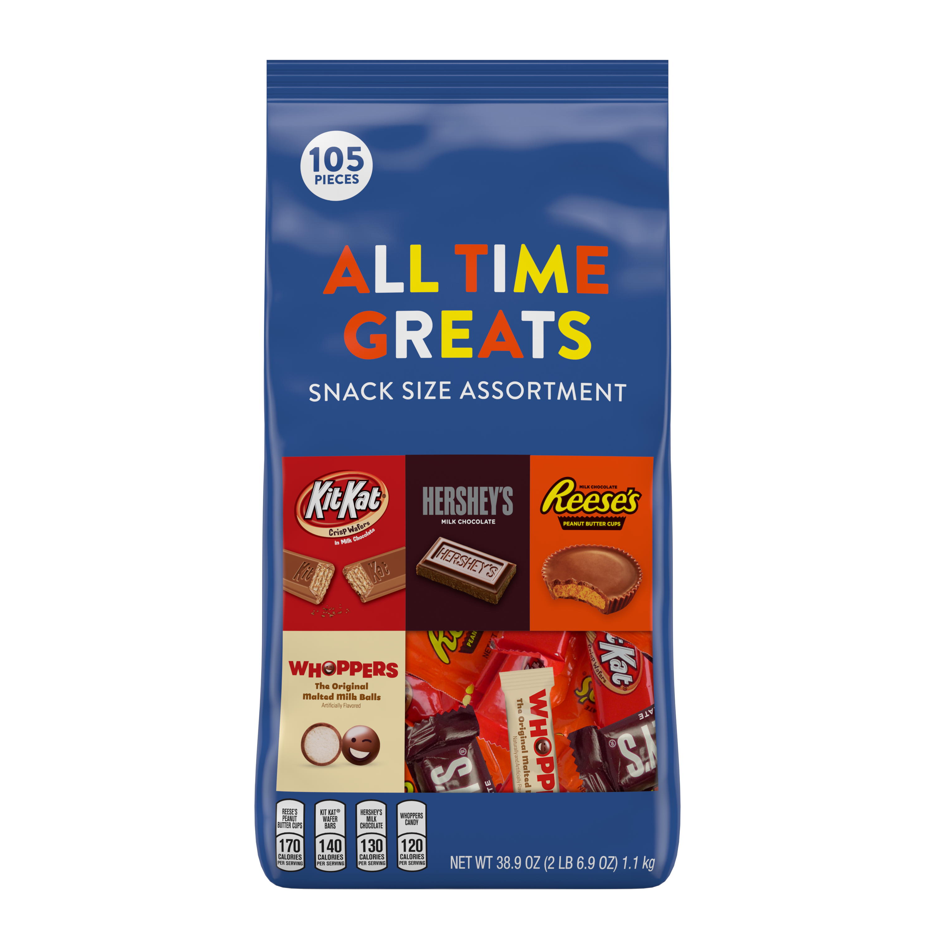 Hershey All Time Greats Snack Size Assortment, 38.9 oz bag, 105 pieces - Front of Package