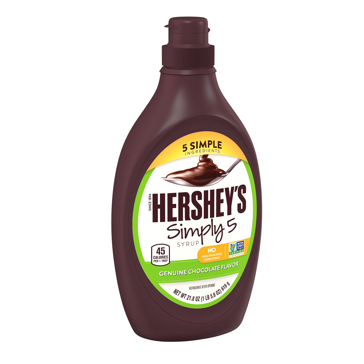 HERSHEY'S Simply 5 Chocolate Syrup, 21.8 oz bottle - Left Side of Package