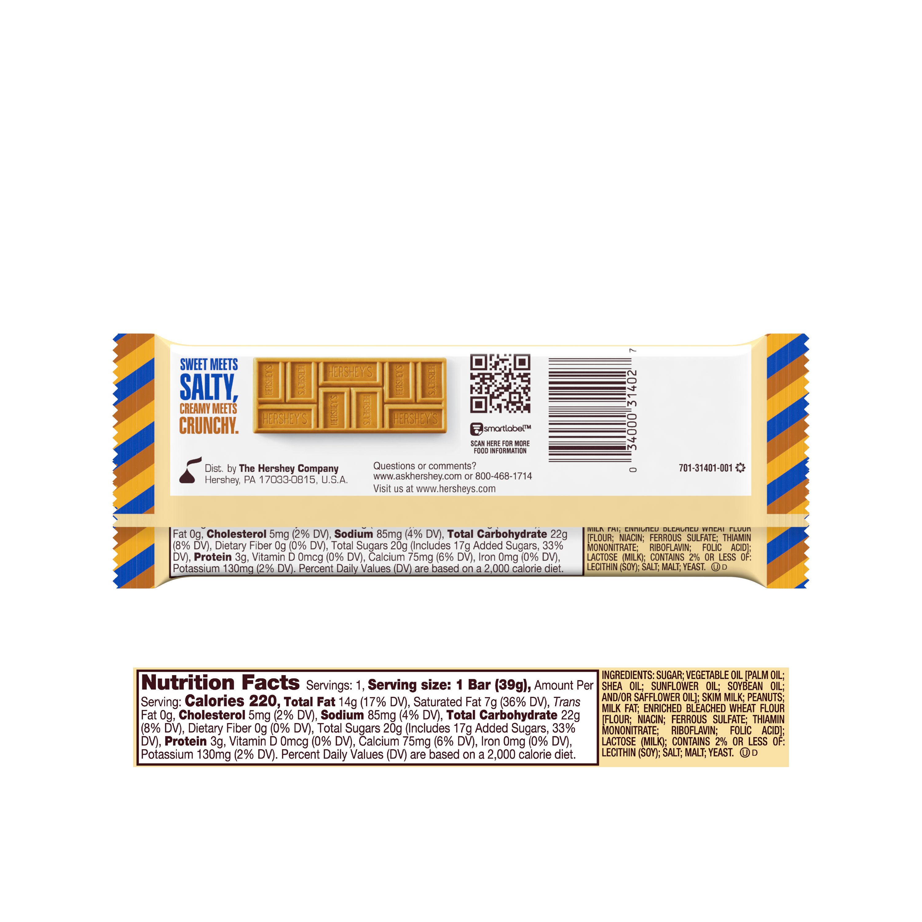 HERSHEY'S GOLD Peanuts & Pretzels in Caramelized Creme Candy Bar, 1.4 oz - Back of Package