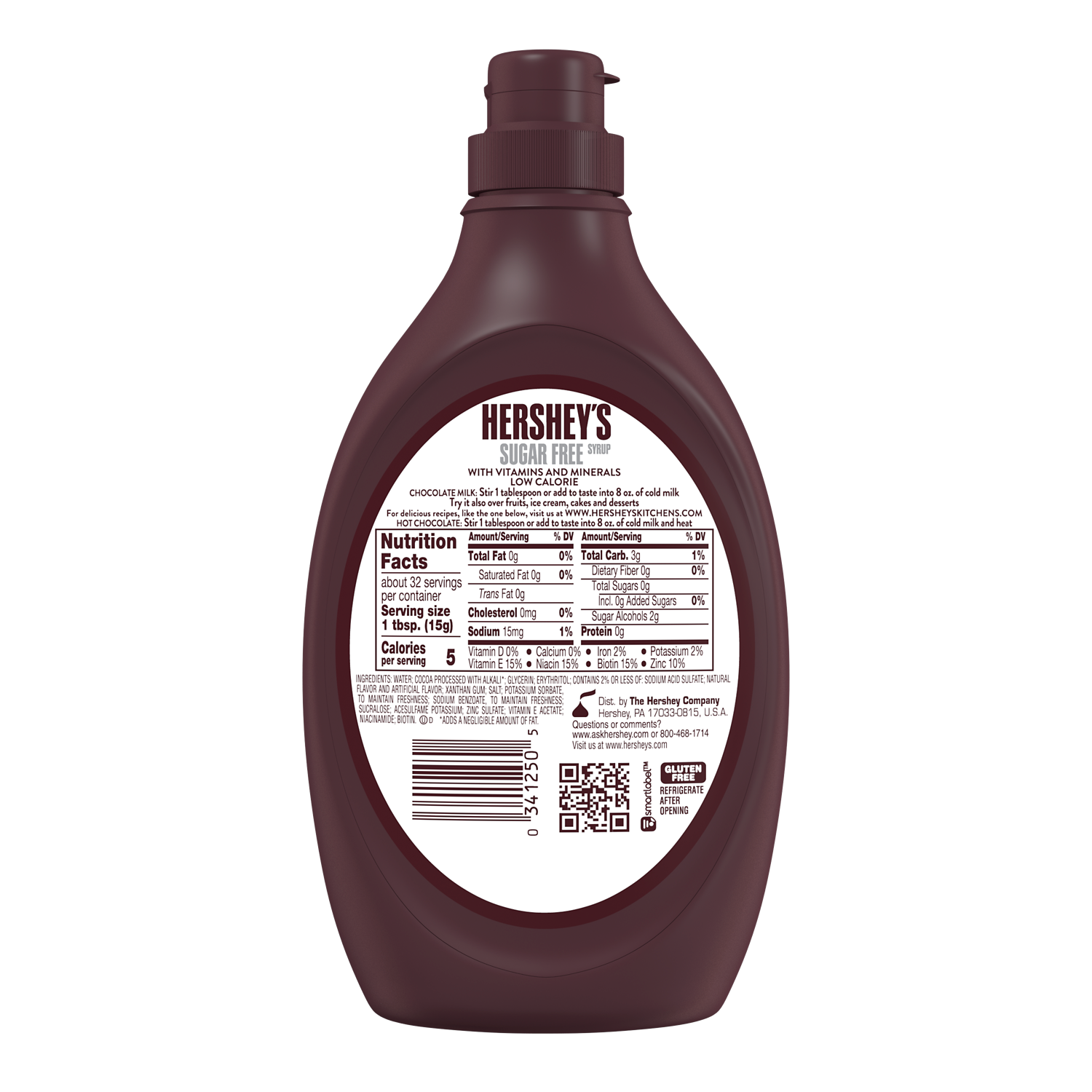 HERSHEY'S Sugar Free Chocolate Syrup, 17.5 oz bottle - Back of Package