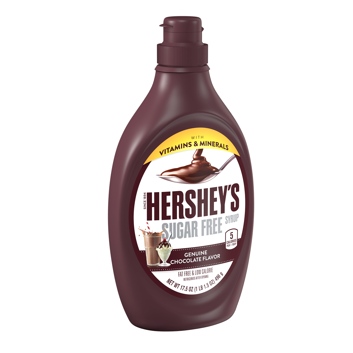 HERSHEY'S Sugar Free Chocolate Syrup, 17.5 oz bottle - Left Side of Package