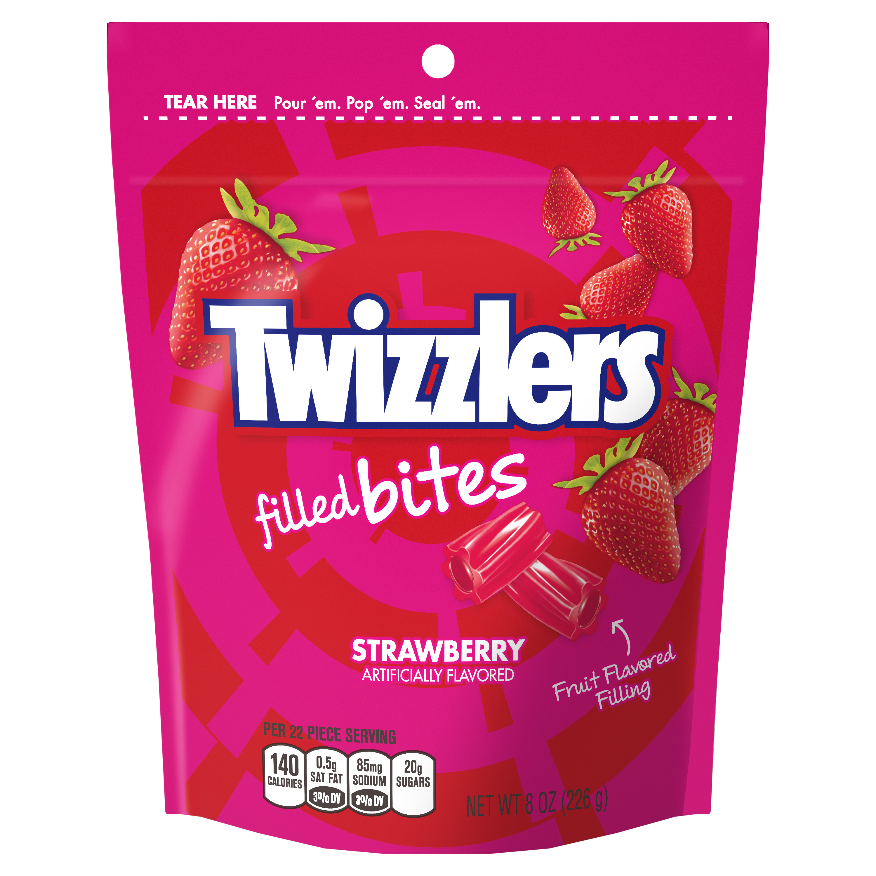 TWIZZLERS Filled Bites Strawberry Flavored Candy, 8 oz bag - Front of Package