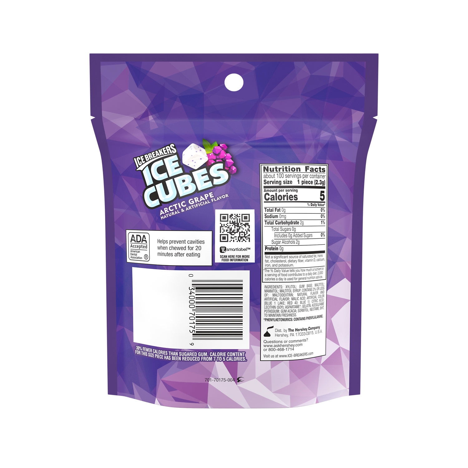 ICE BREAKERS ICE CUBES ARCTIC GRAPE Sugar Free Gum, 8.11 oz bag, 100 pieces - Back of Package