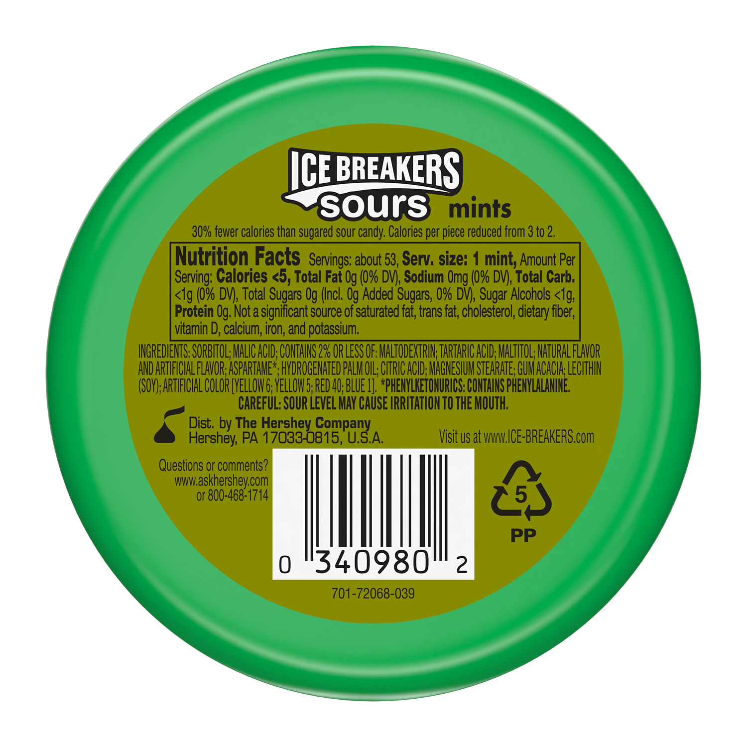 ICE BREAKERS Sours Sour Fruits Sugar Free Mints, 1.5 oz puck - Back of Package