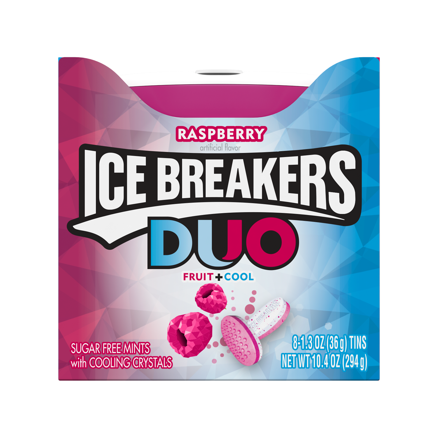 ICE BREAKERS DUO Raspberry Sugar Free Mints, 1.3 oz box, 8 count - Front of Package