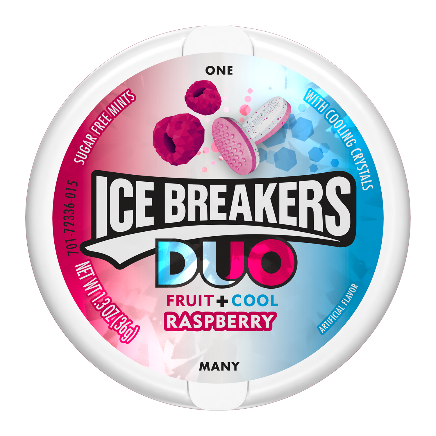 ICE BREAKERS DUO Raspberry Sugar Free Mints, 1.3 oz puck - Front of Package