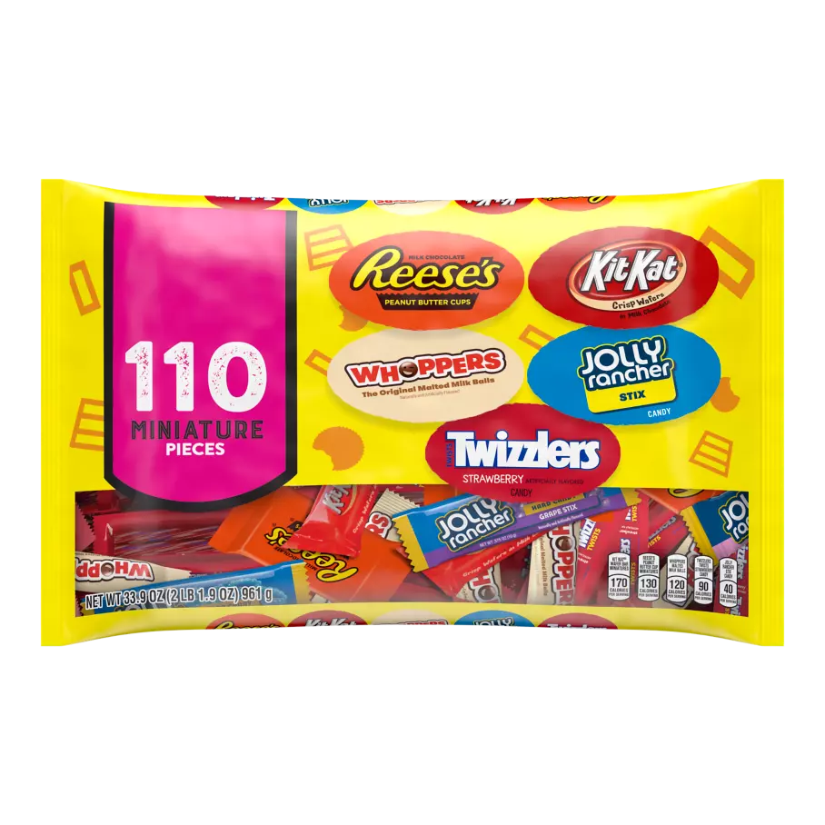 Hershey Halloween (REESE'S, KIT KAT®, JOLLY RANCHER and more) Miniatures Assortment, 33.9 oz bag, 110 pieces - Front of Package
