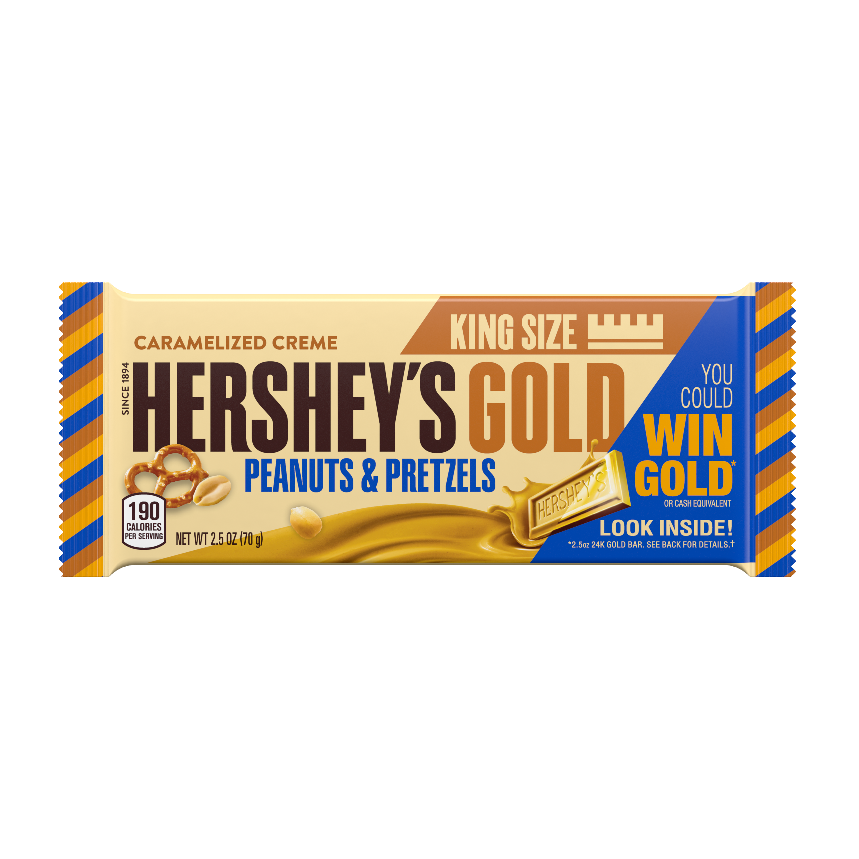 HERSHEY'S GOLD Peanuts & Pretzels in Caramelized Creme King Size Candy Bar, 2.5 oz - Front of Package