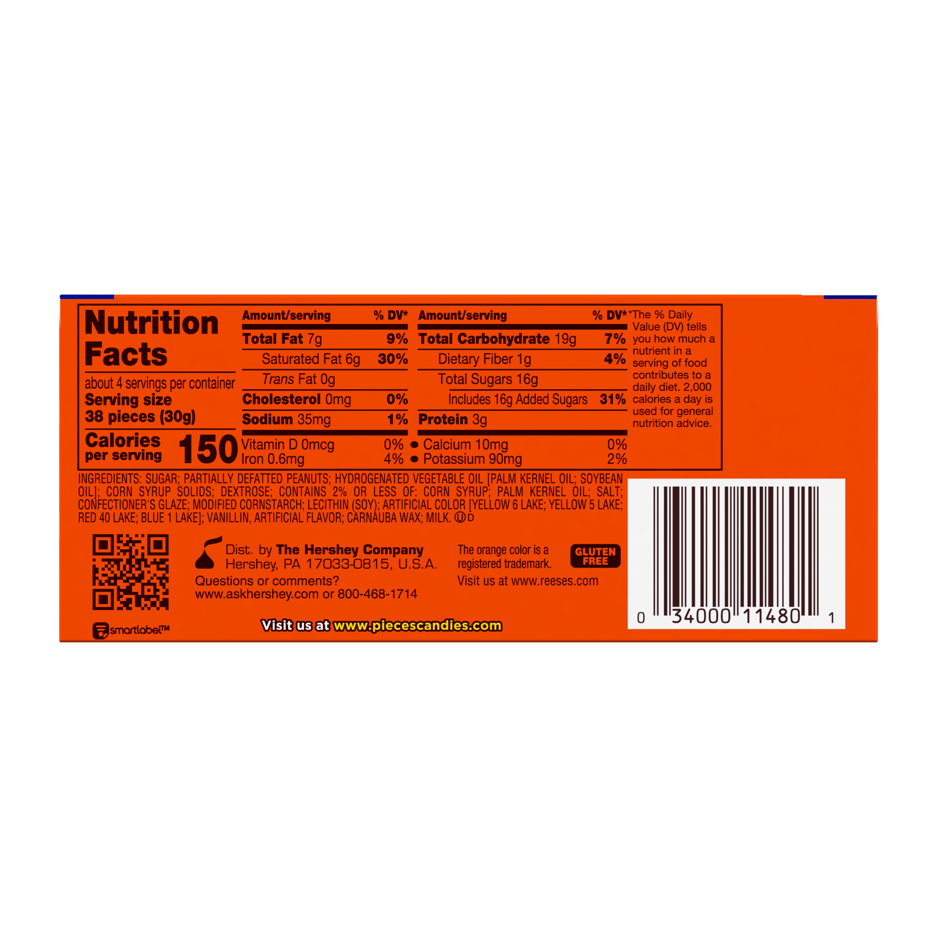 REESE'S PIECES Milk Chocolate Peanut Butter Candy, 4 oz box - Back of Package