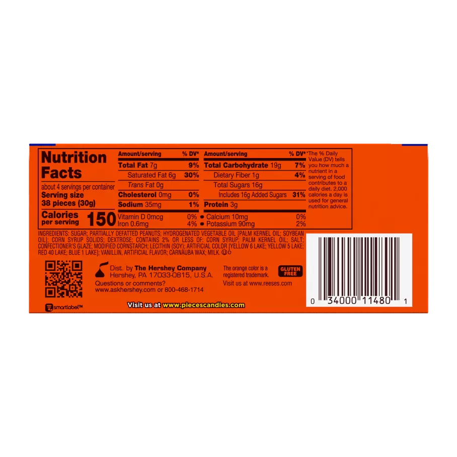 REESE'S PIECES Peanut Butter Candy, 4 oz box - Back of Package