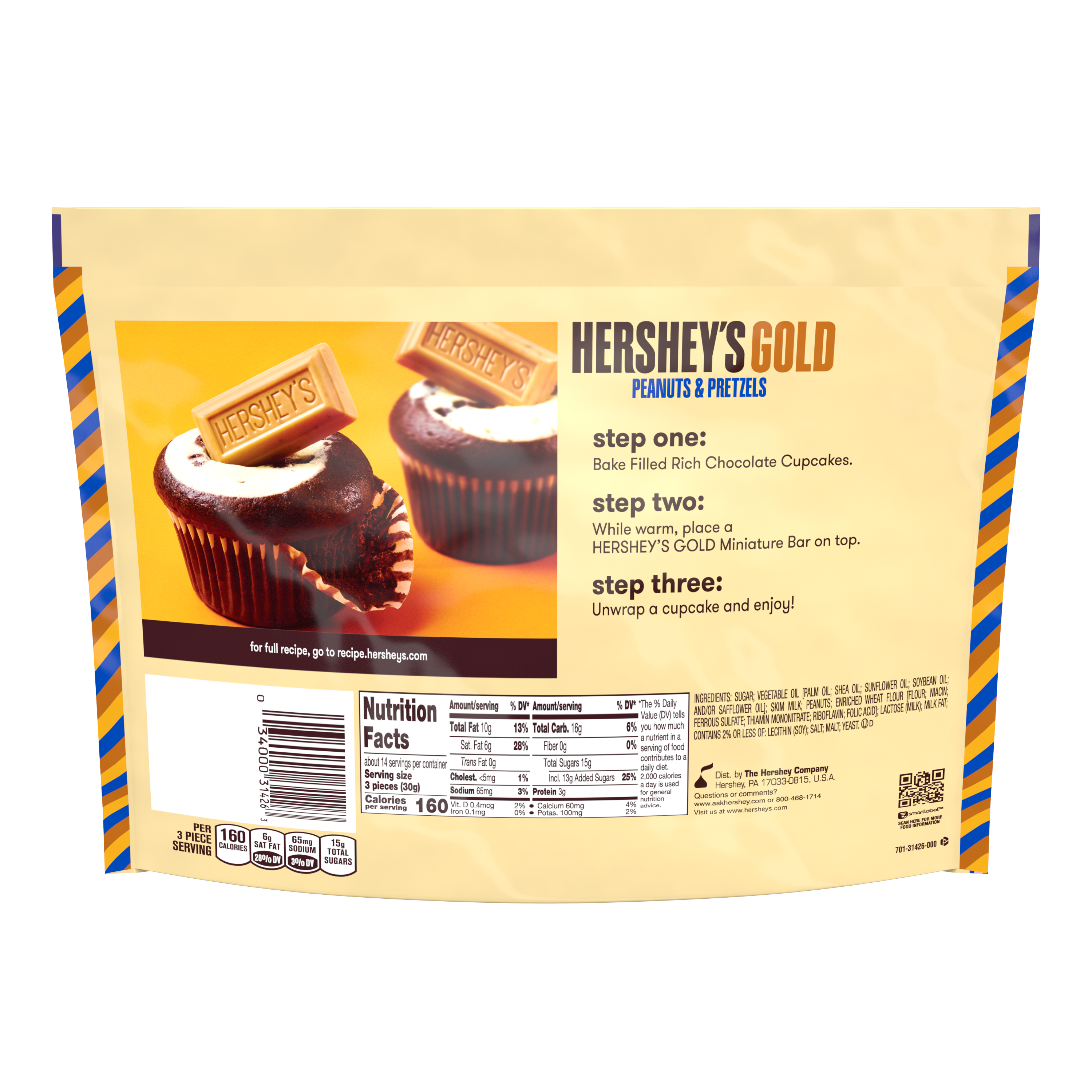 HERSHEY'S GOLD Miniatures Peanuts & Pretzels in Caramelized Creme Candy Bars, 15.3 oz pack - Back of Package