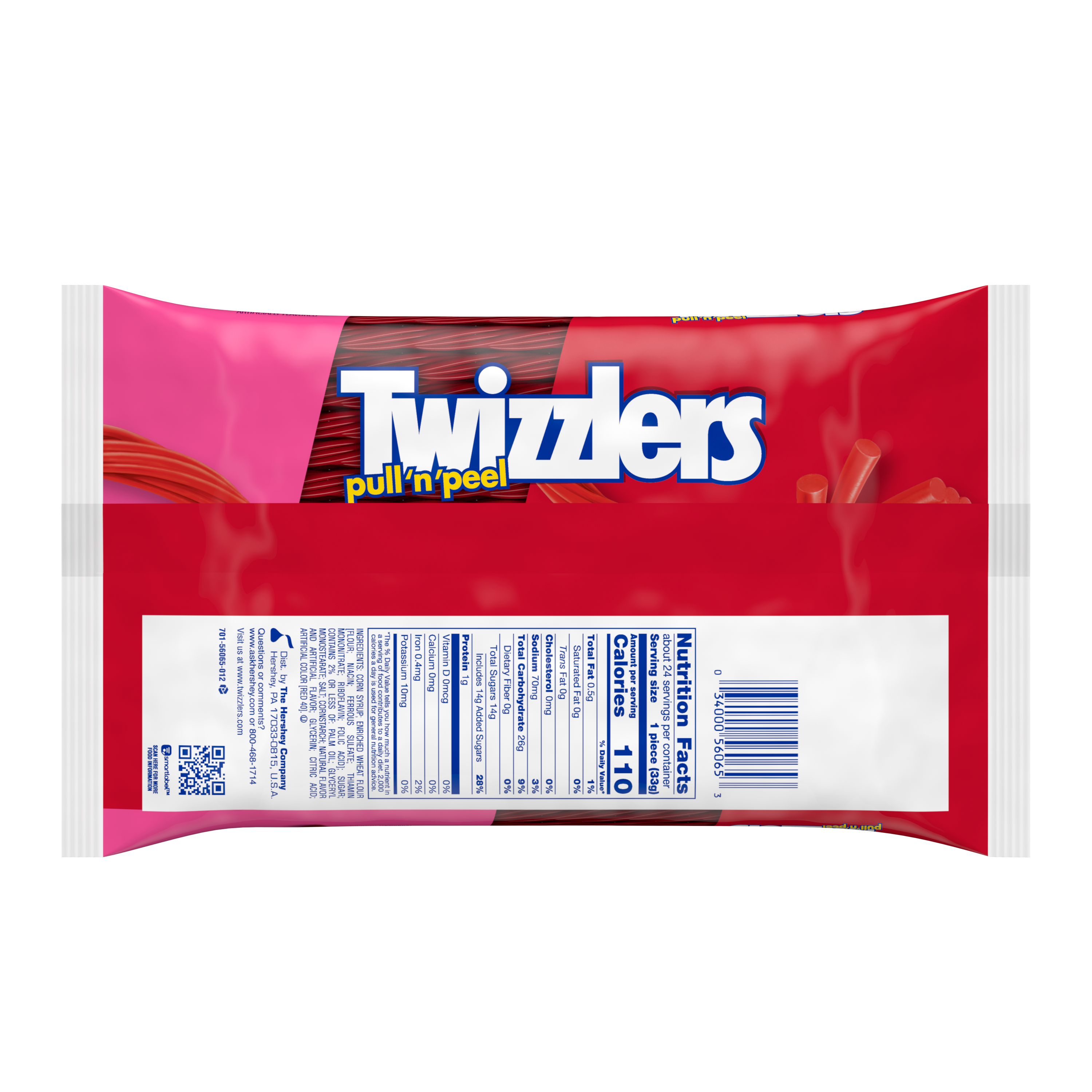 TWIZZLERS PULL 'N' PEEL Cherry Flavored Candy, 28 oz bag - Back of Package