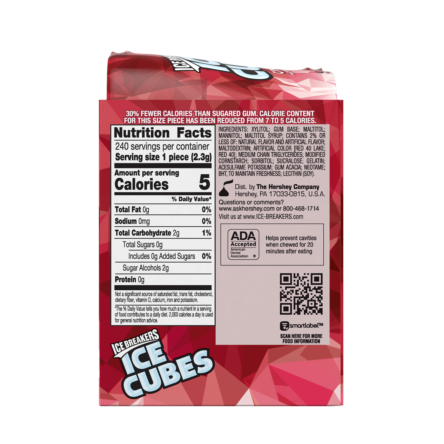 ICE BREAKERS ICE CUBES Cinnamon Sugar Free Gum, 19.44 oz box, 6 pack - Back of Package