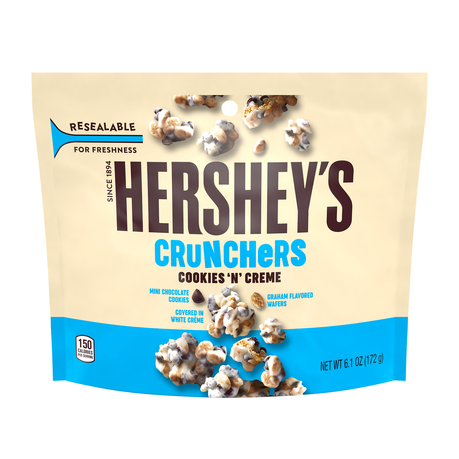 HERSHEY'S COOKIES 'N' CREME CRUNCHERS Candy, 6.1 oz bag - Front of Package