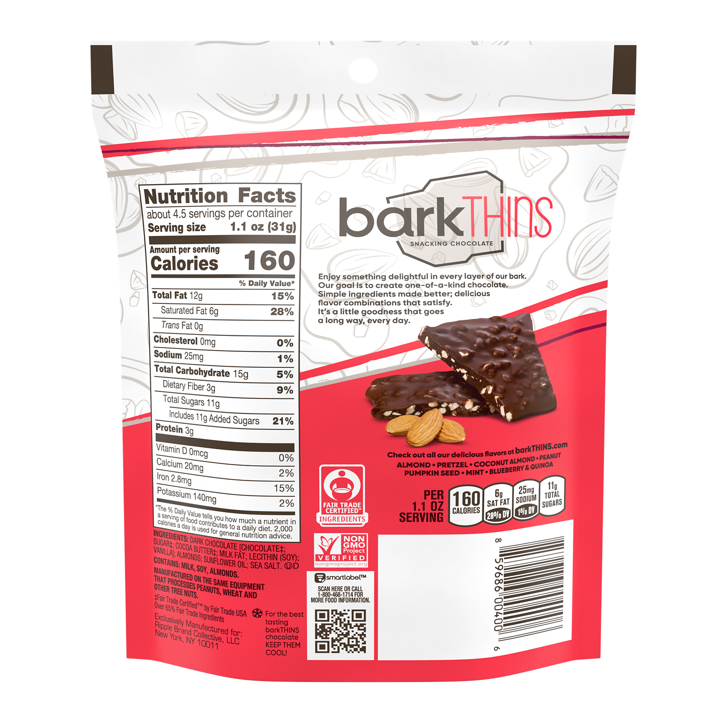 barkTHINS Dark Chocolate Almond & Sea Salt Snacking Chocolate, 4.7 oz bag - Back of Package