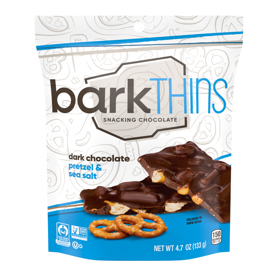 barkTHINS黑巧克力椒盐卷饼 & 海盐零食巧克力，4.7盎司袋-包装前面