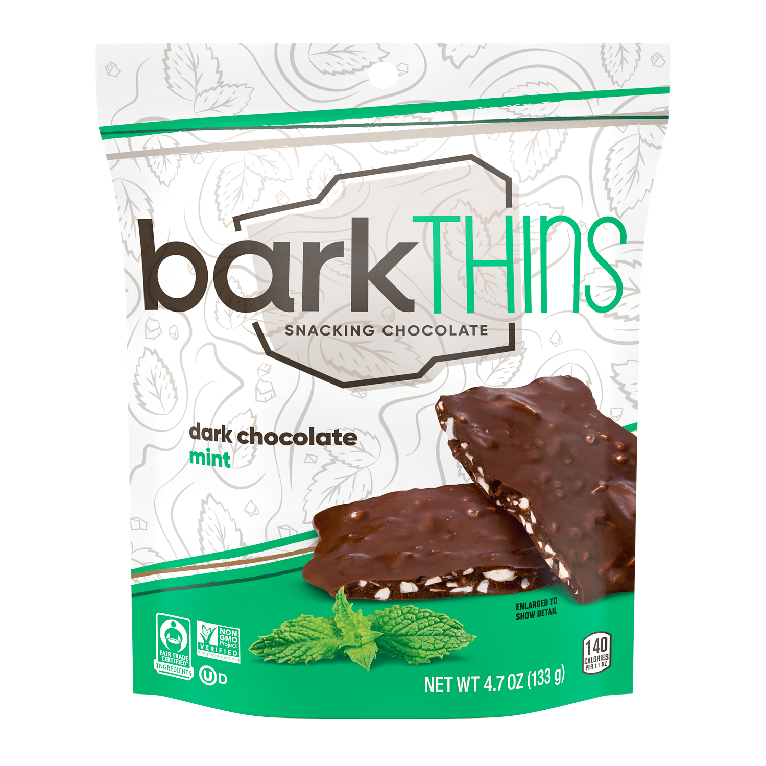 barkTHINS Dark Chocolate Mint Snacking Chocolate, 4.7 oz bag - Front of Package
