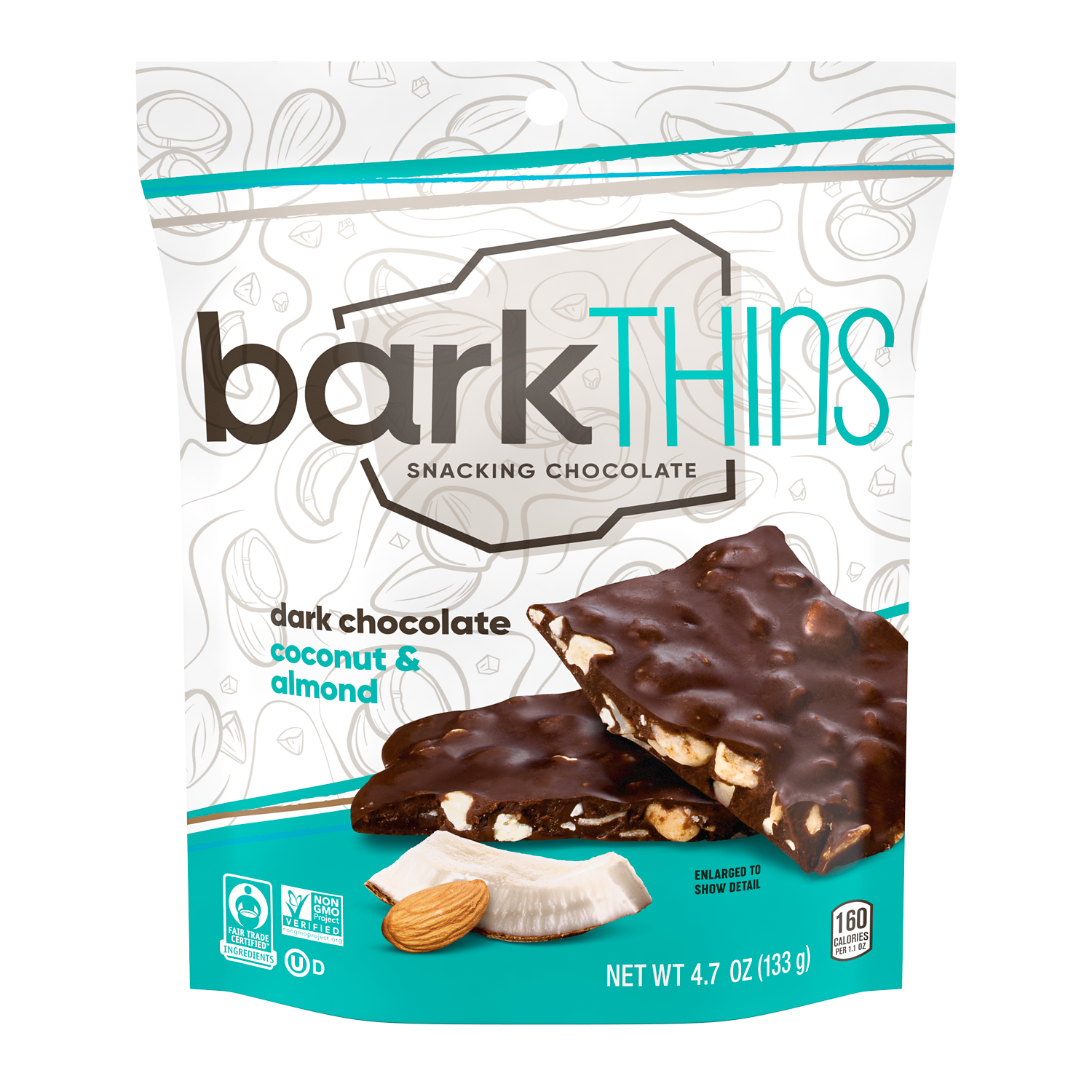 barkTHINS Dark Chocolate Coconut & Almond Snacking Chocolate, 4.7 oz bag - Front of Package