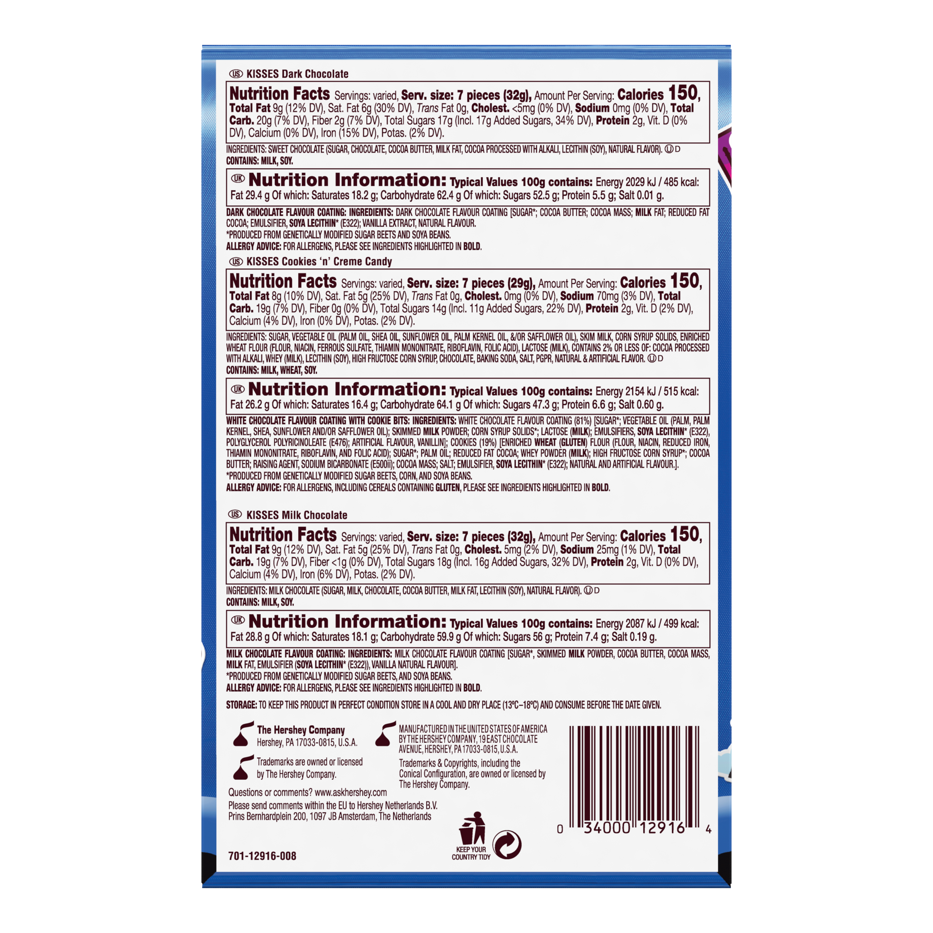 HERSHEY'S KISSES World Traveler Collection Assortment, 17.9 oz box - Back of Package