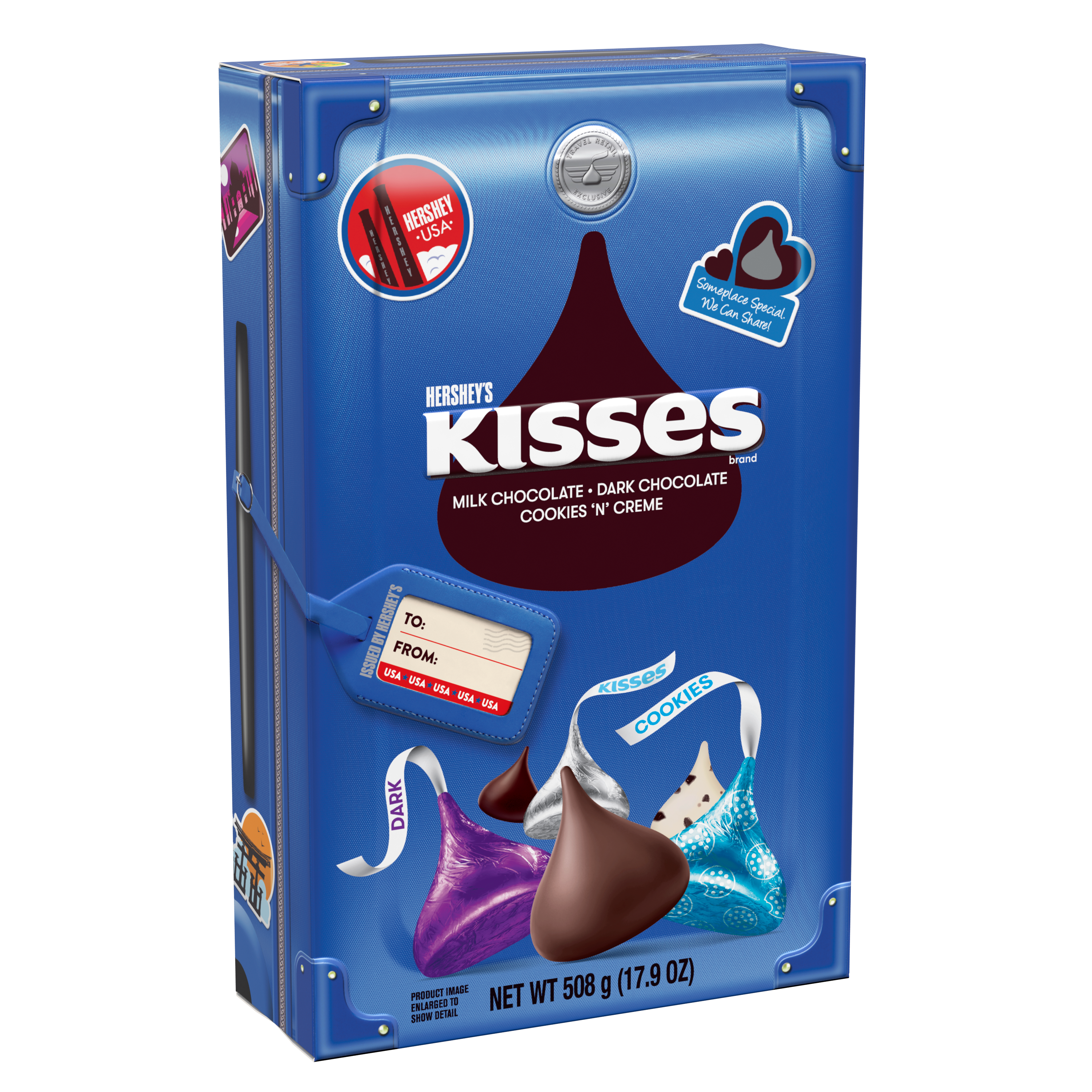 HERSHEY'S KISSES World Traveler Collection Assortment, 17.9 oz box - Left Side of Package