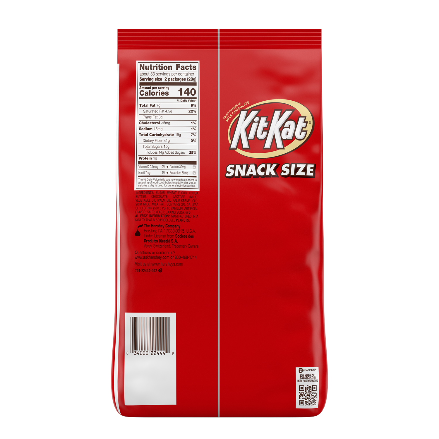 KIT KAT® Milk Chocolate Snack Size Candy Bars, 32.34 oz bag, 66 pieces - Back of Package