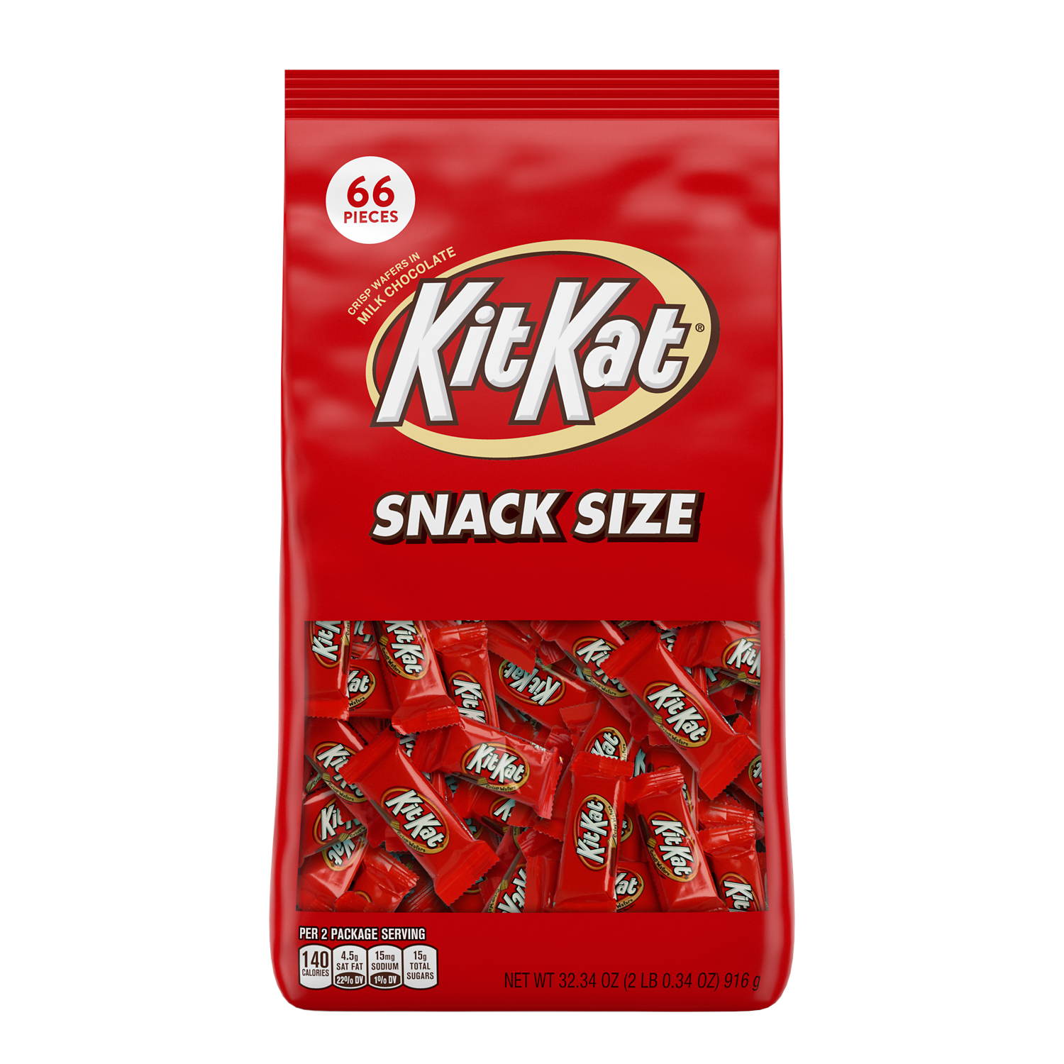 KIT KAT® Milk Chocolate Snack Size Candy Bars, 32.34 oz bag, 66 pieces - Front of Package