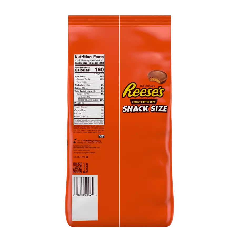REESE'S Milk Chocolate Snack Size Peanut Butter Cups, 33 oz bag, 60 pieces - Back of Package