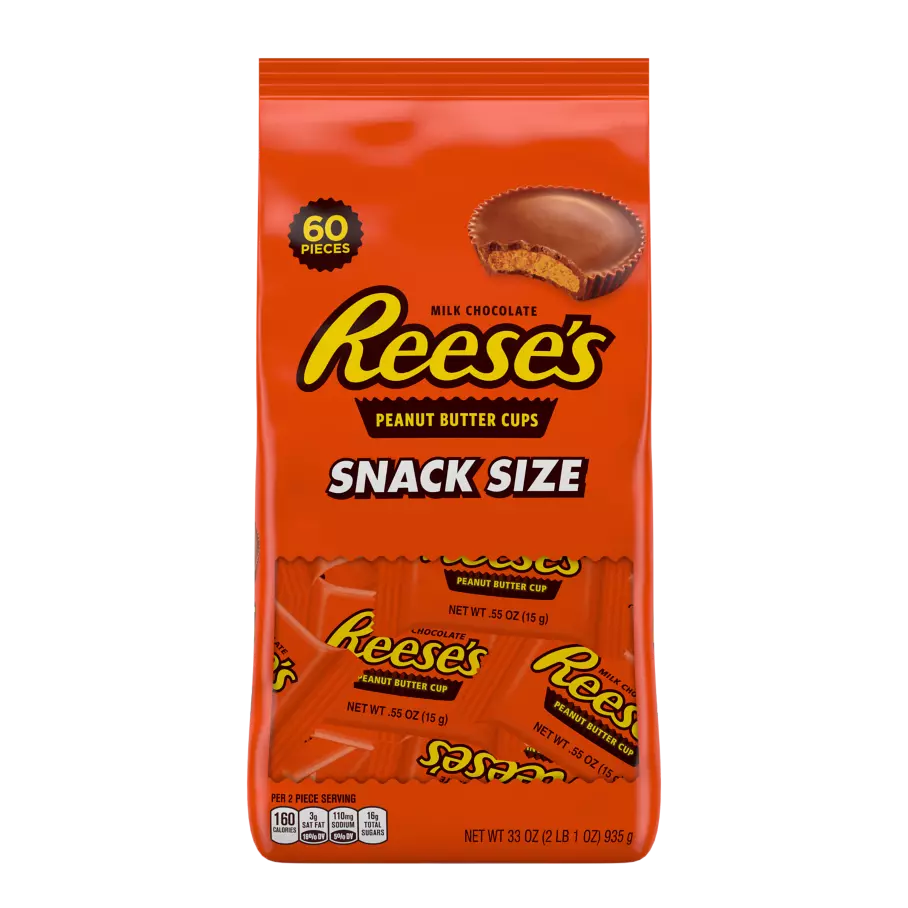 REESE'S Milk Chocolate Snack Size Peanut Butter Cups, 33 oz bag, 60 pieces - Front of Package