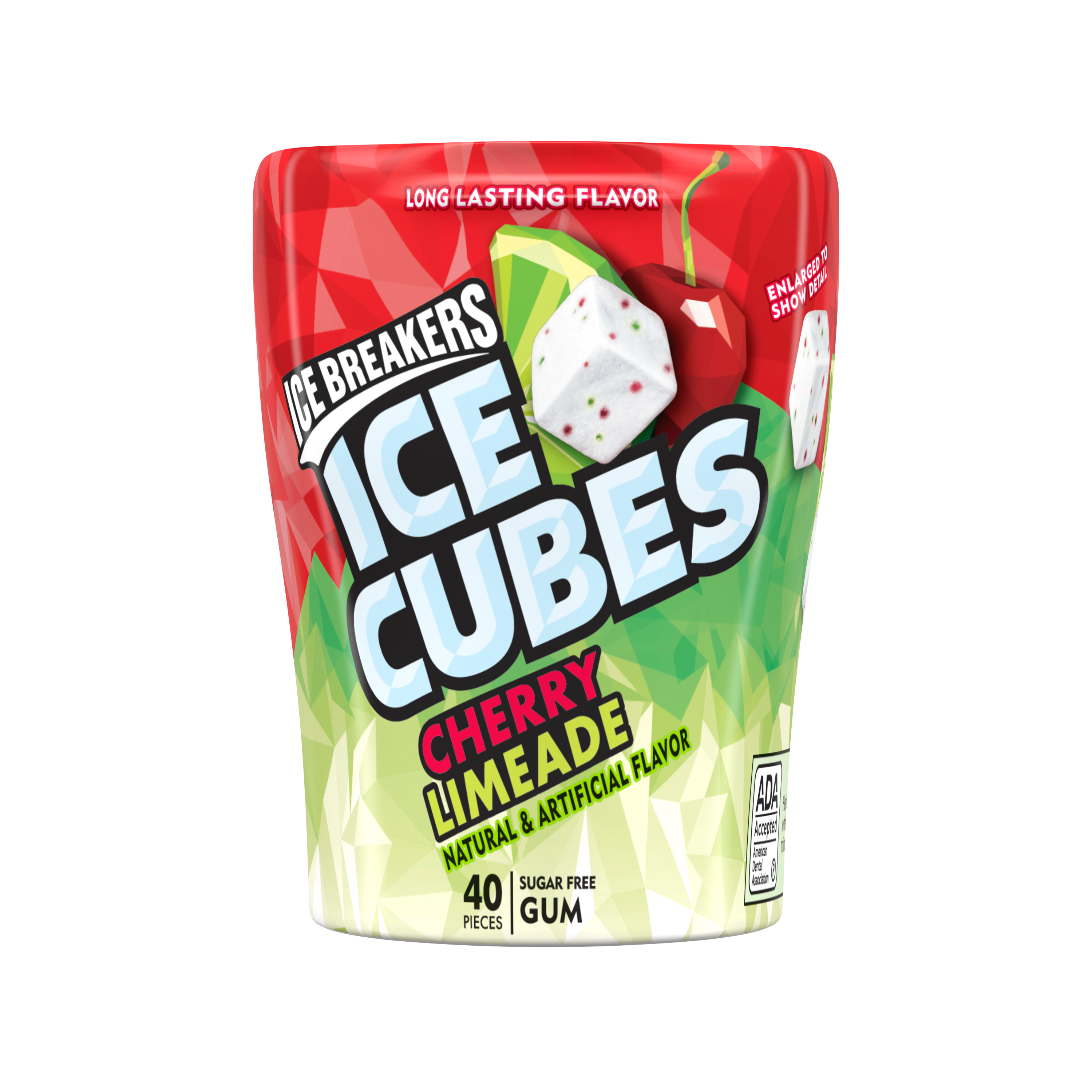ICE BREAKERS ICE CUBES Cherry Limeade Sugar Free Gum, 3.24 oz bottle, 40 pieces - Front of Package
