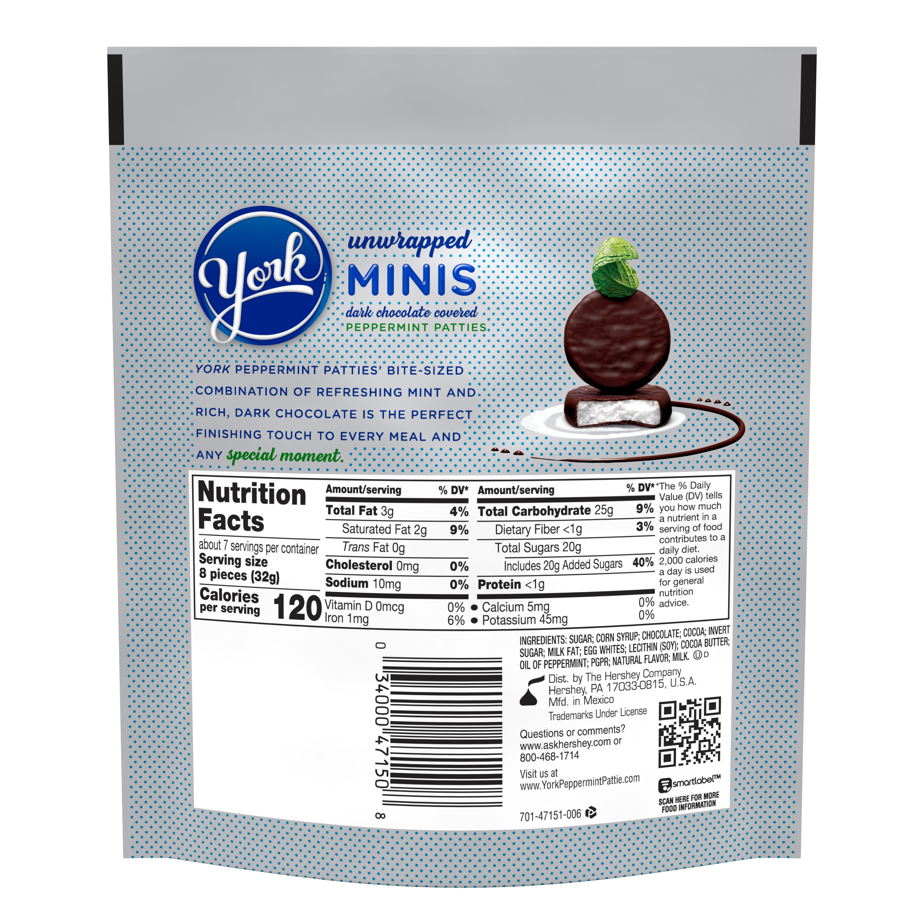 YORK Minis Dark Chocolate Peppermint Patties, 8 oz bag - Back of Package