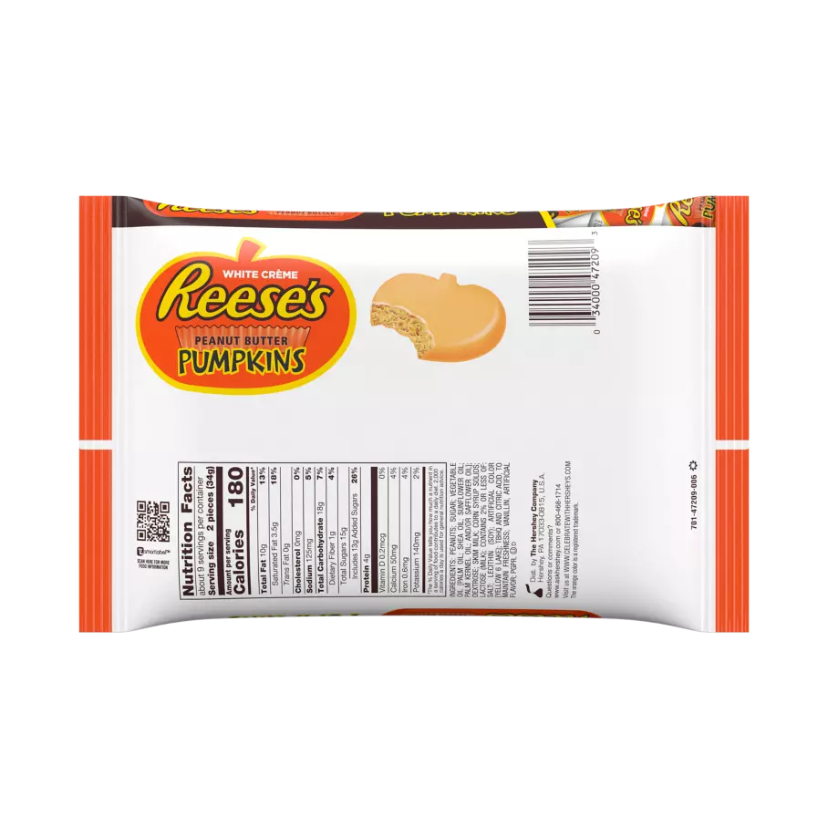 REESE'S White Creme Peanut Butter Snack Size Pumpkins, 10.2 oz bag- Back of Package
