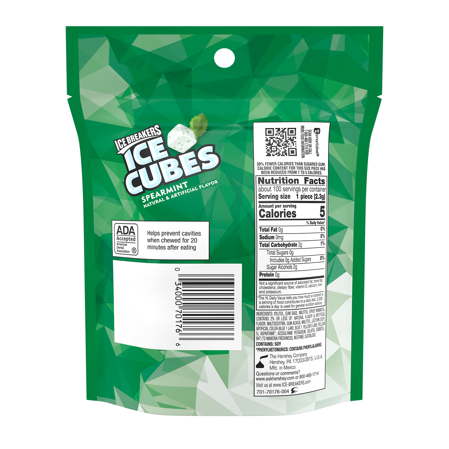 ICE BREAKERS ICE CUBES Spearmint Sugar Free Gum, 8.11 oz bag, 100 pieces