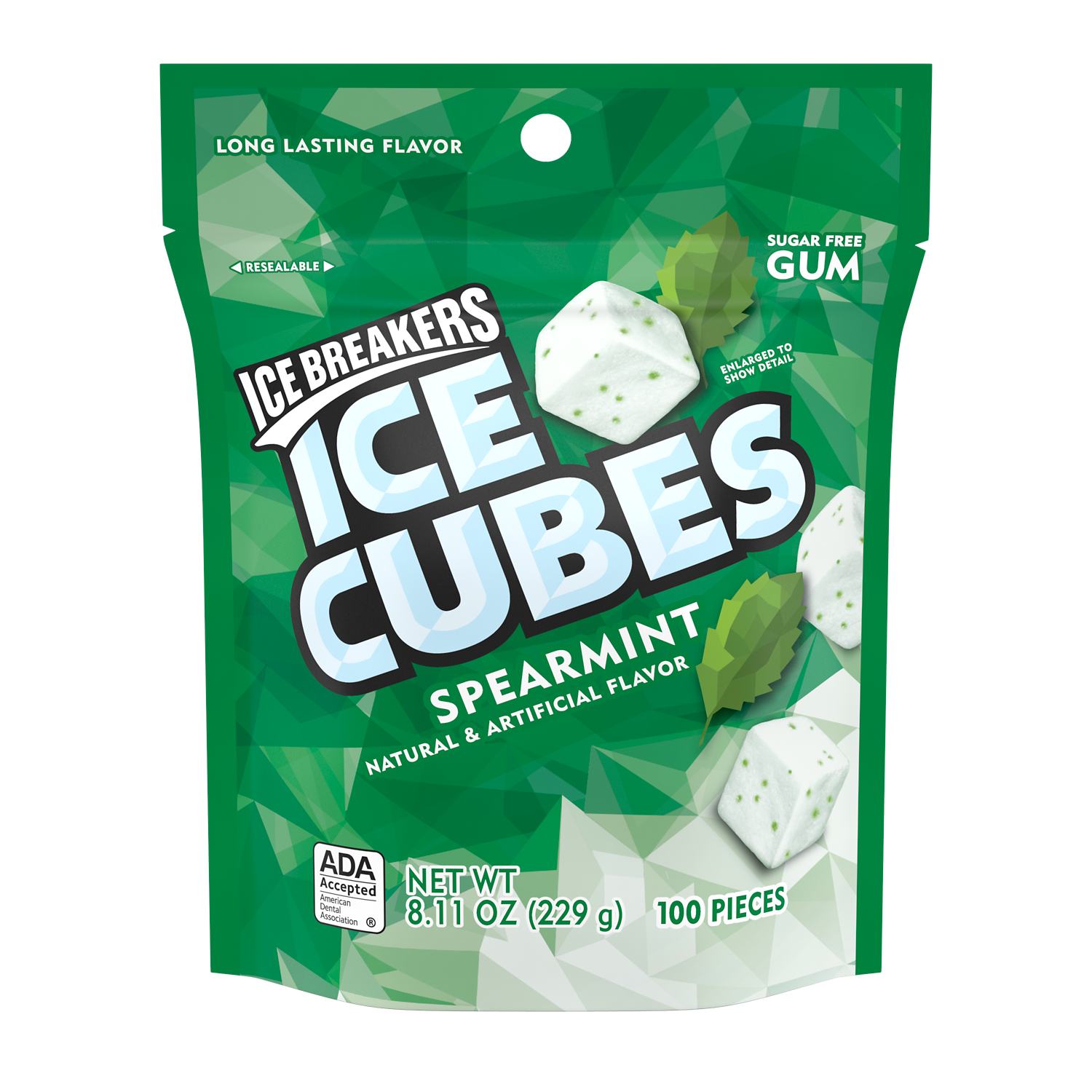 ICE BREAKERS ICE CUBES Spearmint Sugar Free Gum, 8.11 oz bag, 100 pieces - Front of Package
