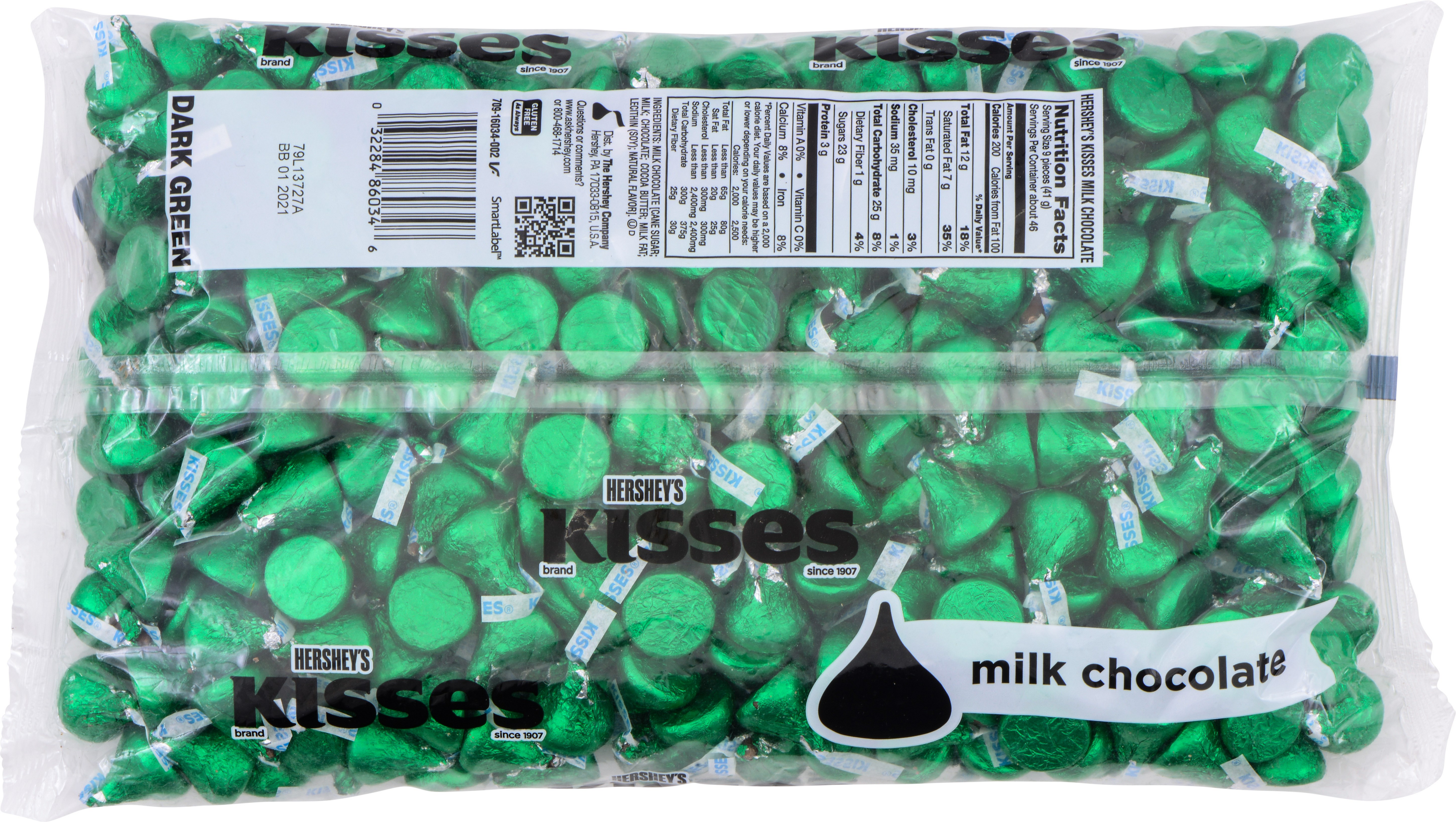 HERSHEY'S KISSES Dark Green Foil Milk Chocolate Candy, 66.67 oz bag, 400 pieces - Back of Package