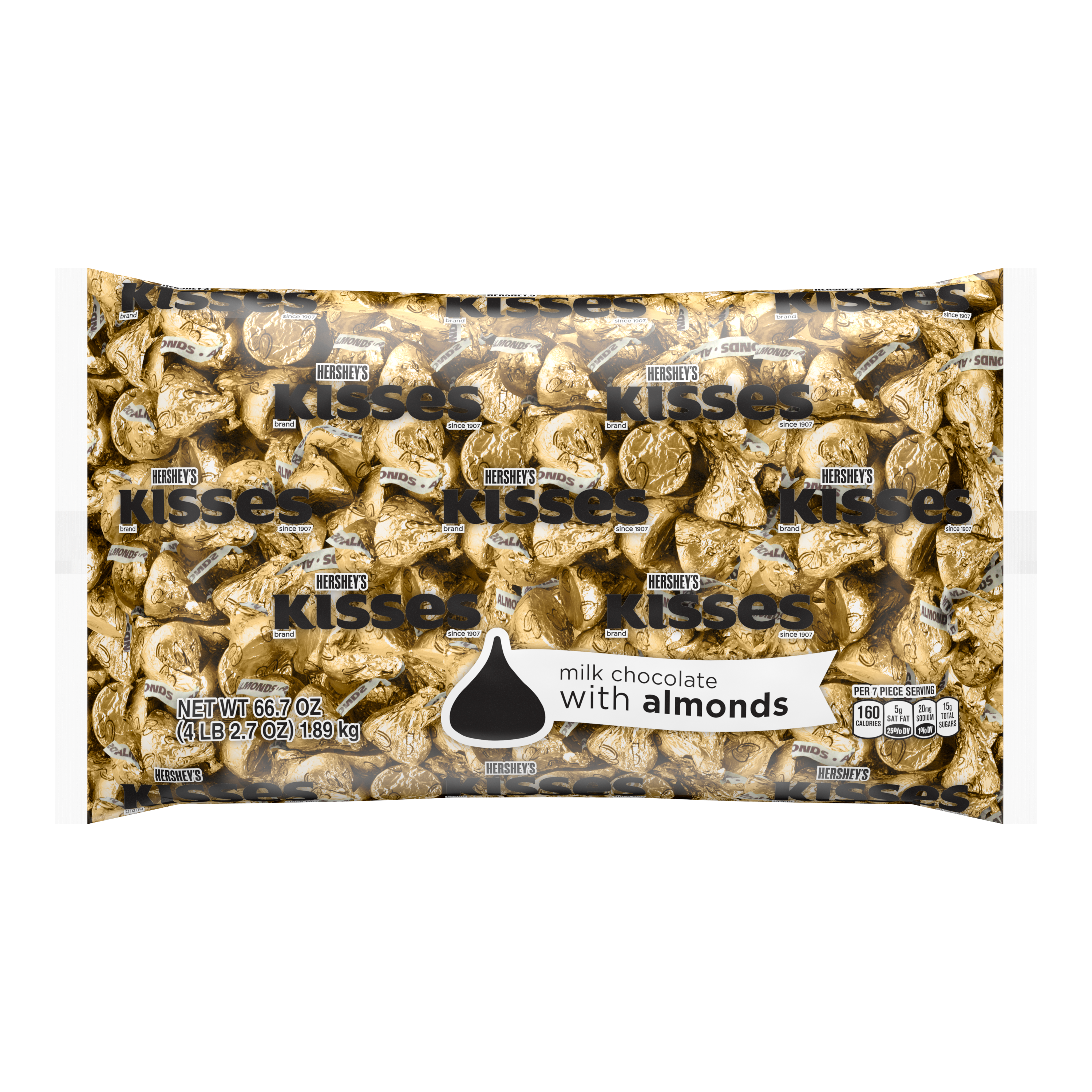 HERSHEY'S KISSES Gold Foil Milk Chocolate with Almonds Candy, 66.7 oz bag - Front of Package