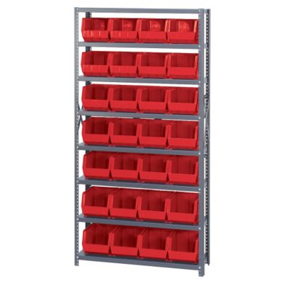 Quantum 36" Wide Shelving With Extra-Large Bins - 36X12x75" - (28) 8-1/4 X11x7" Bins - Red - Gray