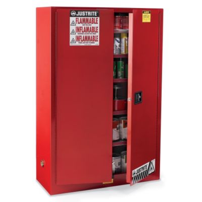 Justrite Sure-Grip Ex Paints, Inks, And Class Iii Combustibles Safety Cabinet - 43X18x65" - 60-Gallon Capacity - Manual-Closing Doors - Red