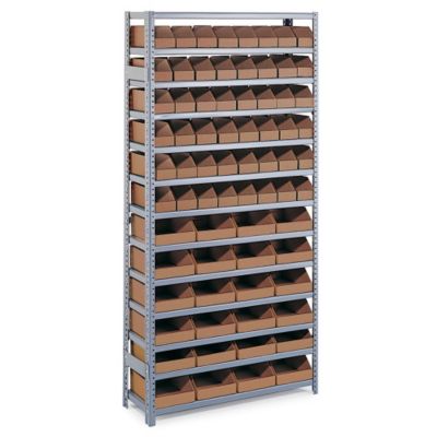 Steel Shelving With Corrugated Bins - 36X18x75" - (96) Brown Finish Bins - Gray