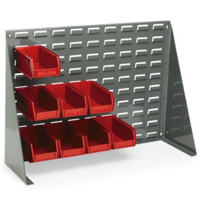 Louvered Panel Bench Rack - 27-1/2 X8x21" - (12) 5-1/2 X10-7/8 X5" Bins - Red - Gray