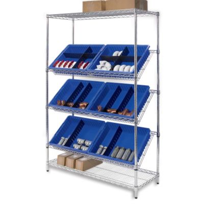 Chrome Wire Shelving With Sloped Shelves - 48X18x74" - (6) 22-3/4 X17-3/8 X4" Boxes