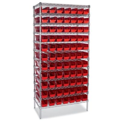 Economical Wire Shelving With Quantum Shelf Bins - 36X24x84" - (33) 11-1/8 X23-7/8 X4" Bins - Red  (5903902)