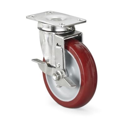 Stainless Steel Casters - Swivel - 5"Dia.X2"W Polyurethane On Polyolefin Wheel - 4X4-1/2" Top Plate With Slanted Bolt Hole Spacing Of 2-5/8 X3-5/8 To 3X3"