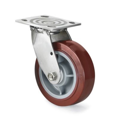 Stainless Steel Casters - Rigid - 5"Dia.X2"W Solid Polyurethane Wheel - 4X4-1/2" Top Plate With Slanted Bolt Hole Spacing Of 2-5/8 X3-5/8 To 3X3"