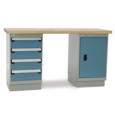 Rousseau Workbench With One Cabinet And One 4-Drawer Pedestal - 6" Front Drawer Height - 60X30" Maple Top